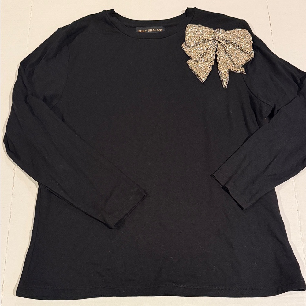 Black Long Sleeve Top with Embellished Bow